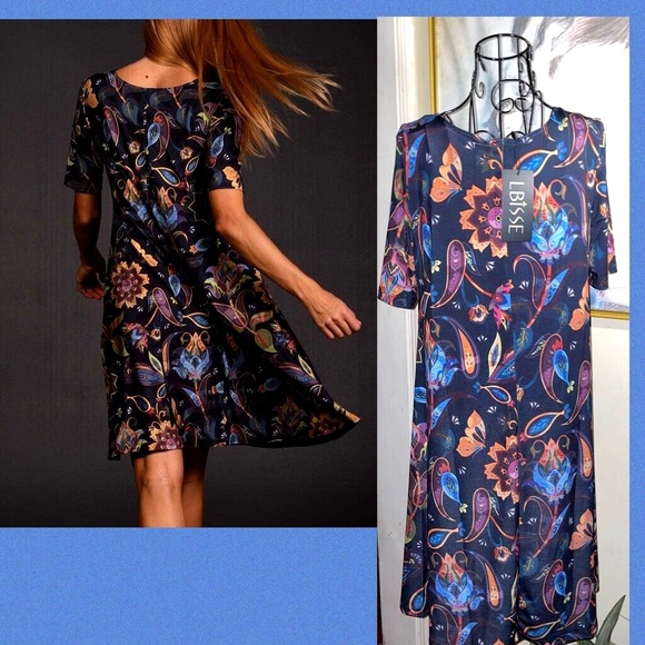 LBISSE "BLACK FLORAL SHIFT DRESS" SILKY STRETCH KNIT~MEDIUM - Picture 2 of 3